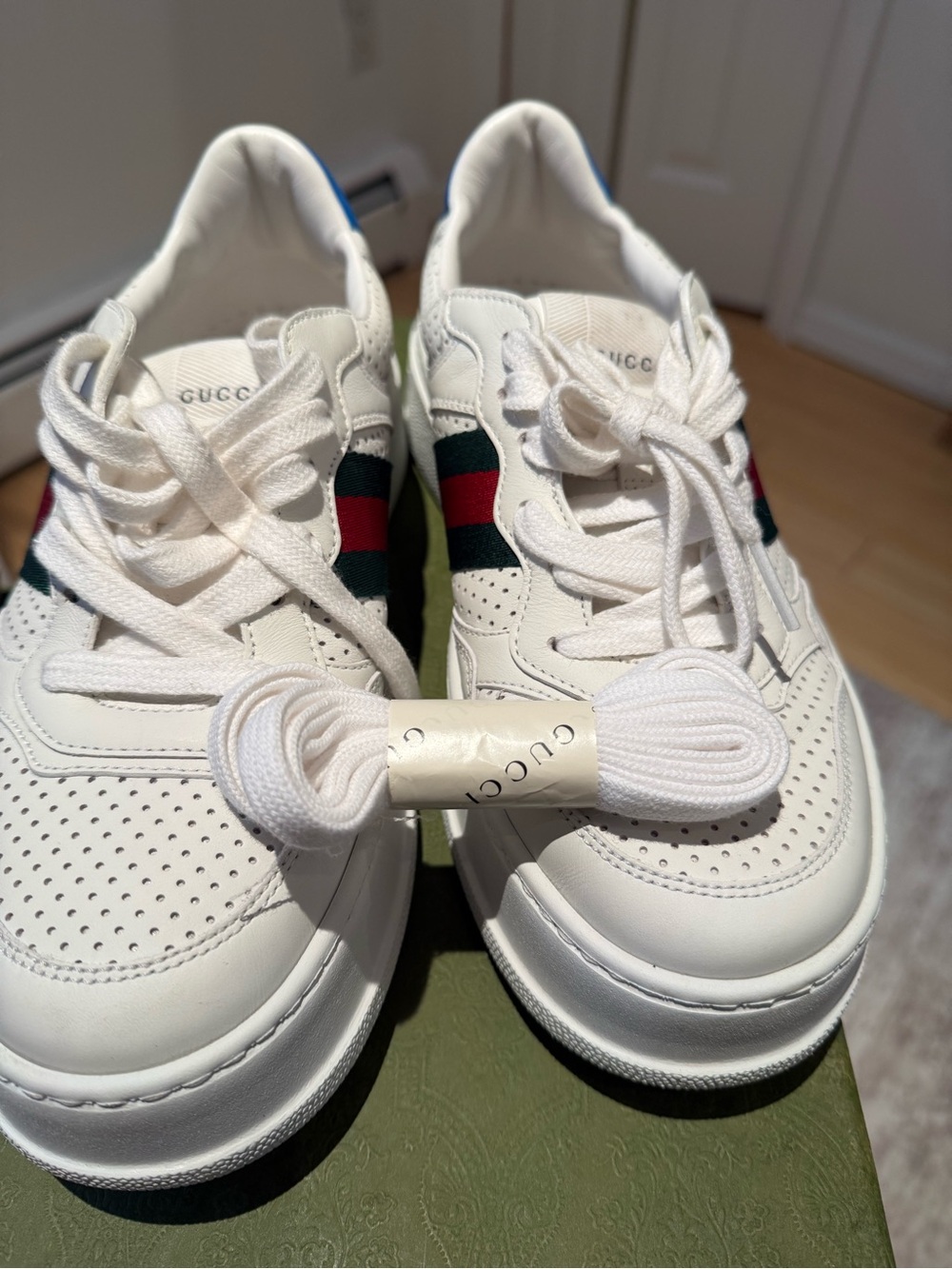 Authentic Gucci Platform Sneakers White Leather Web Stripe Blue GG Heel Women’s